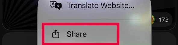 Share row highlighted in the Safari menu