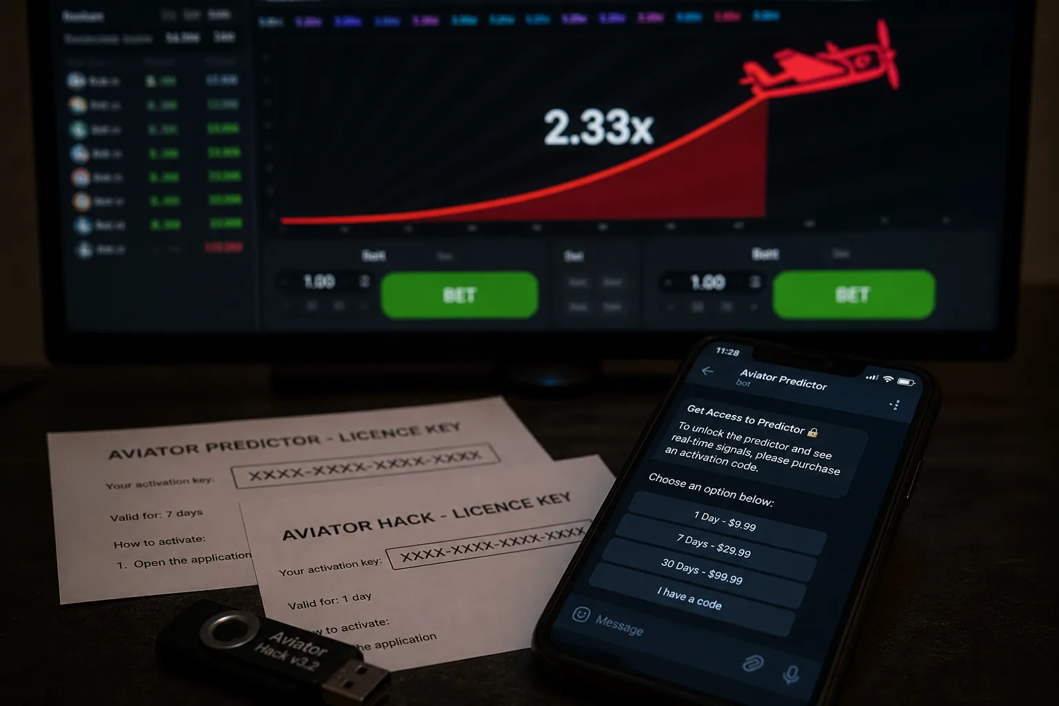 Soxta predictor litsenziya kalitlari va toʻlov devori chati — jonli kazino ekranidagi haqiqiy Aviator crash oʻyini