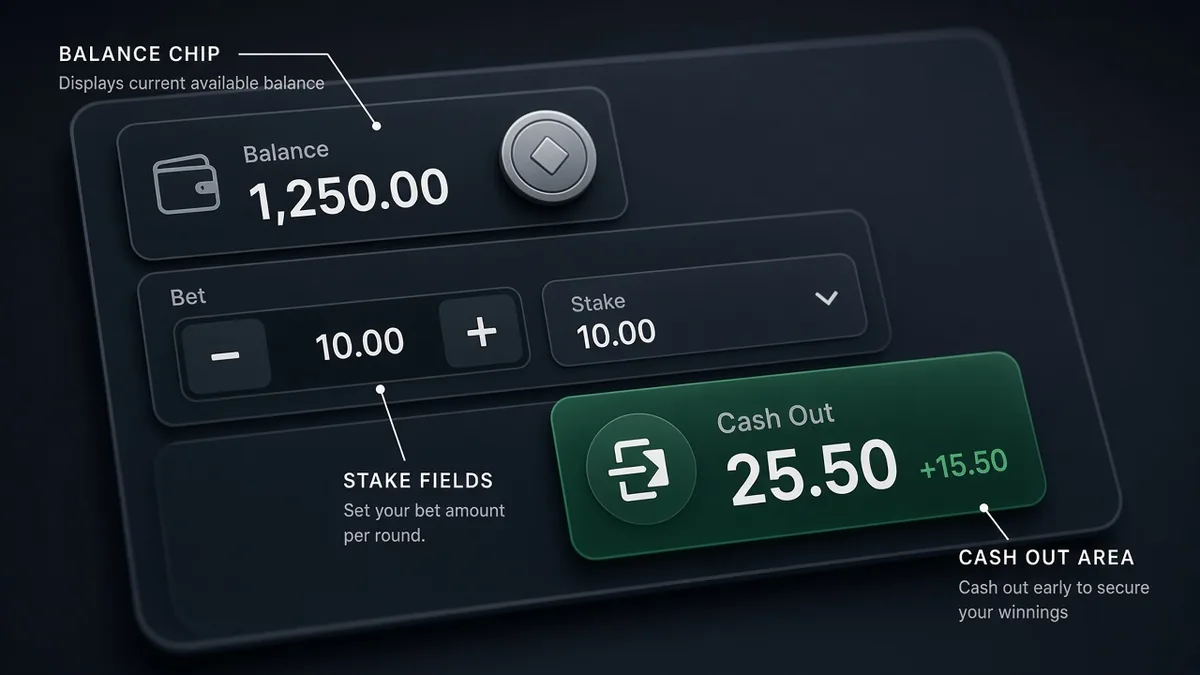 Nahansicht von Aviator-UI Balance- und Bet-Panels — Mittel, Einsatz und Cash-Out-Kontext aus einem Screenshot lesen