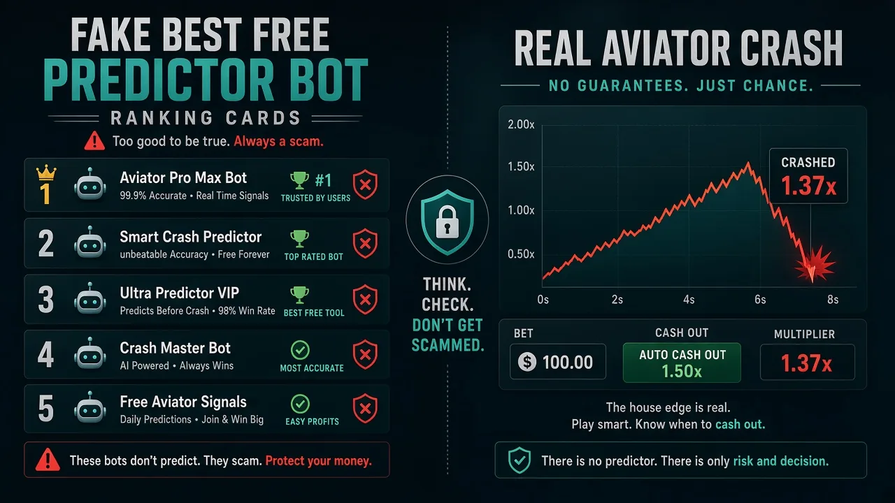 Fake-Ranking-Karten kostenloser Aviator-Predictor-Telegram-Bots und VIP-Schloss versus das echte Crash-Spiel auf einem Live-Casino-Screen
