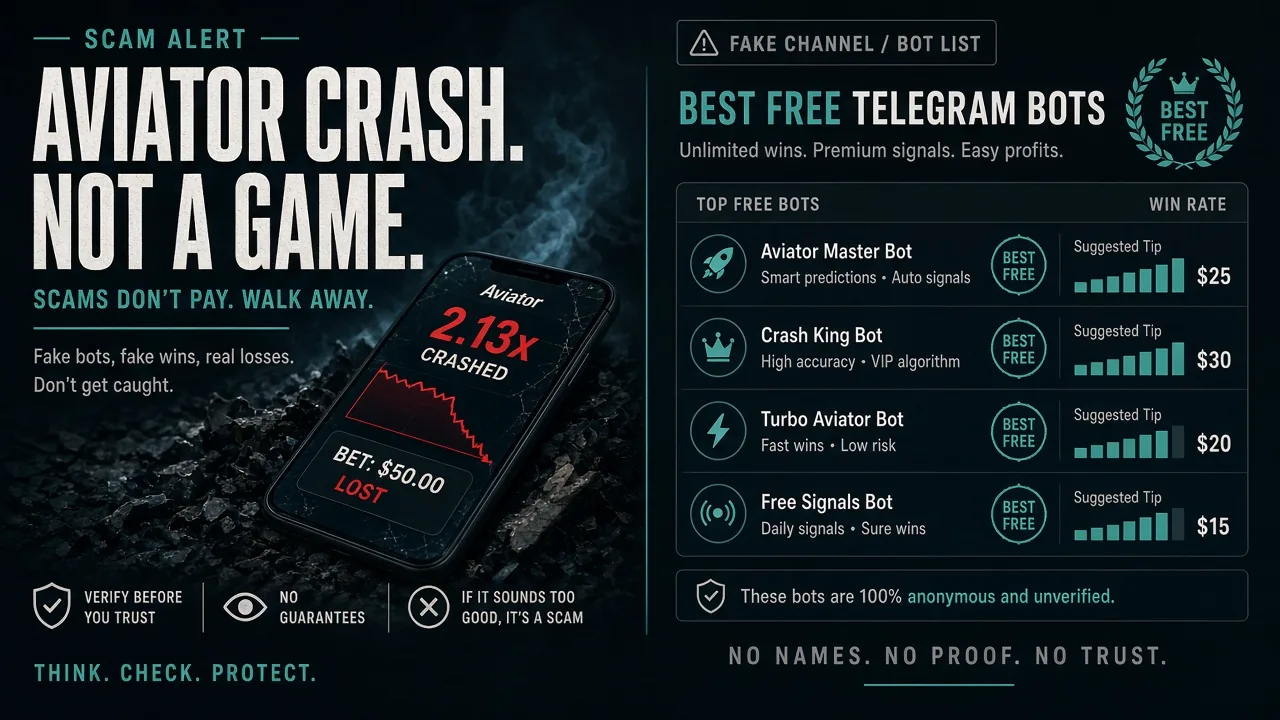 Aviator-Crash-Spiel neben einem Telefon mit einem Fake-Ranking kostenloser Predictor-Telegram-Bots — ein Ranking ist kein Leak