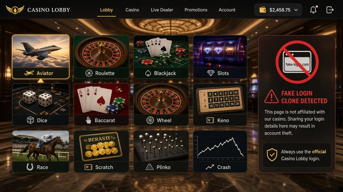 Casino-Lobby nach Login mit hervorgehobener Aviator-Spielkachel — finde das Spiel beim Operator, nicht auf einem Zufalls-Login-Clone