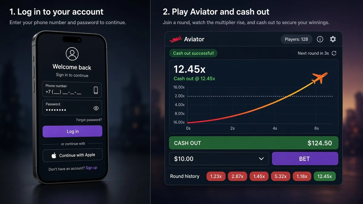 Telefon mit Casino-Login-Screen neben dem Aviator-Crash-Spiel — Operator-Anmeldung, kein Predictor-Tool
