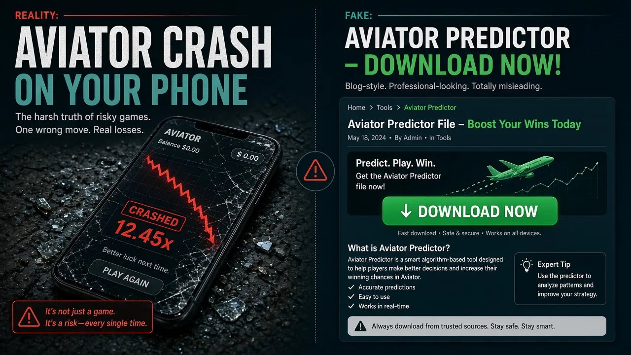Aviator-Crashspiel neben einem gefälschten BlogPay.com-Predictor-Download-Button — ein Filehost ist kein Leck