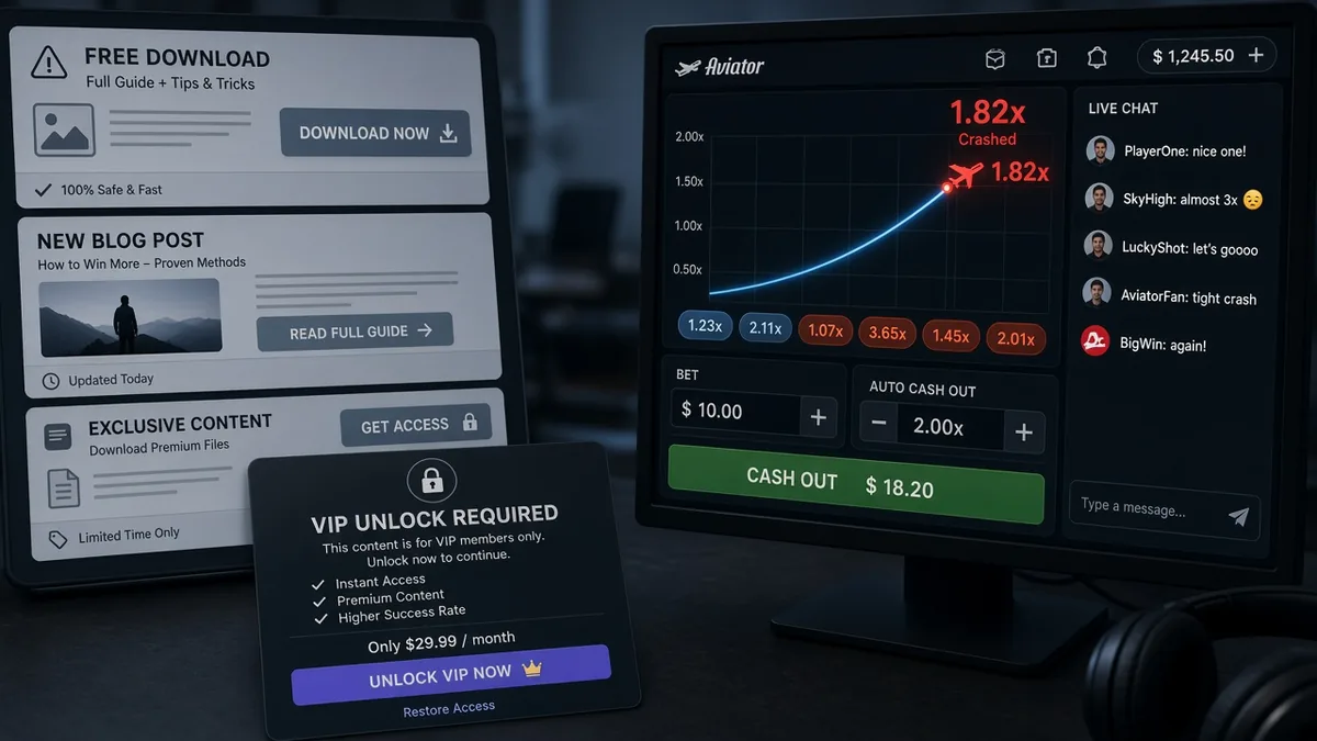 Gefälschte BlogPay-artige Predictor-Downloadkarten und ein VIP-Unlock gegenüber dem echten Aviator-Crashspiel auf einem Live-Casino-Bildschirm