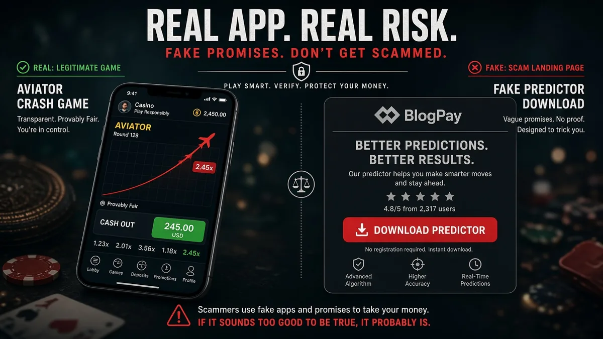 Aviator-Crashspiel neben einer gefälschten BlogPay-artigen Predictor-Downloadseite — eine Blog-Site ist kein Leck