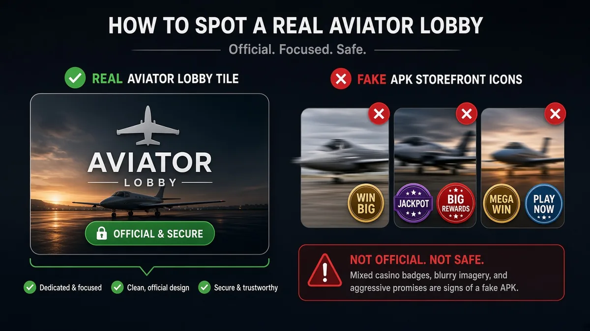 Fake-APK-Storefront-Icons mit verzerrter Aviator-Flugzeuggrafik versus eine echte Casino-Lobby-Spielkachel