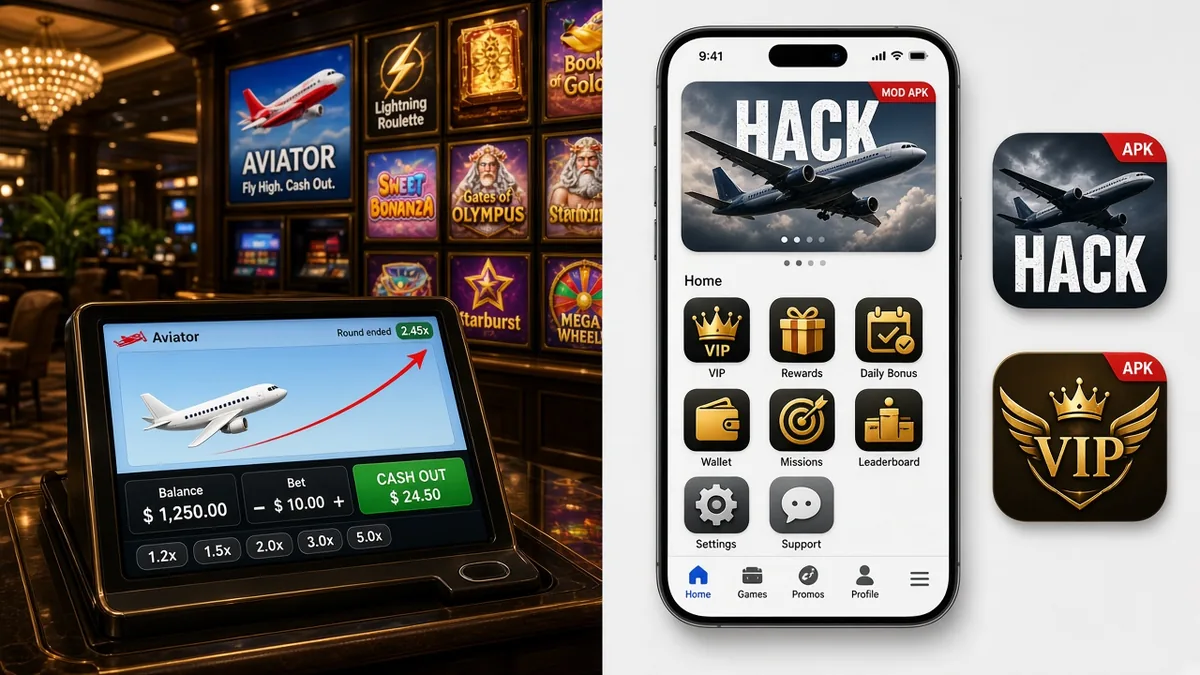 Echte Aviator-Spielkachel in einer Casino-Lobby neben einem Fake-Sideload-Icon mit falschem Artwork — Branding ist kein Cheat