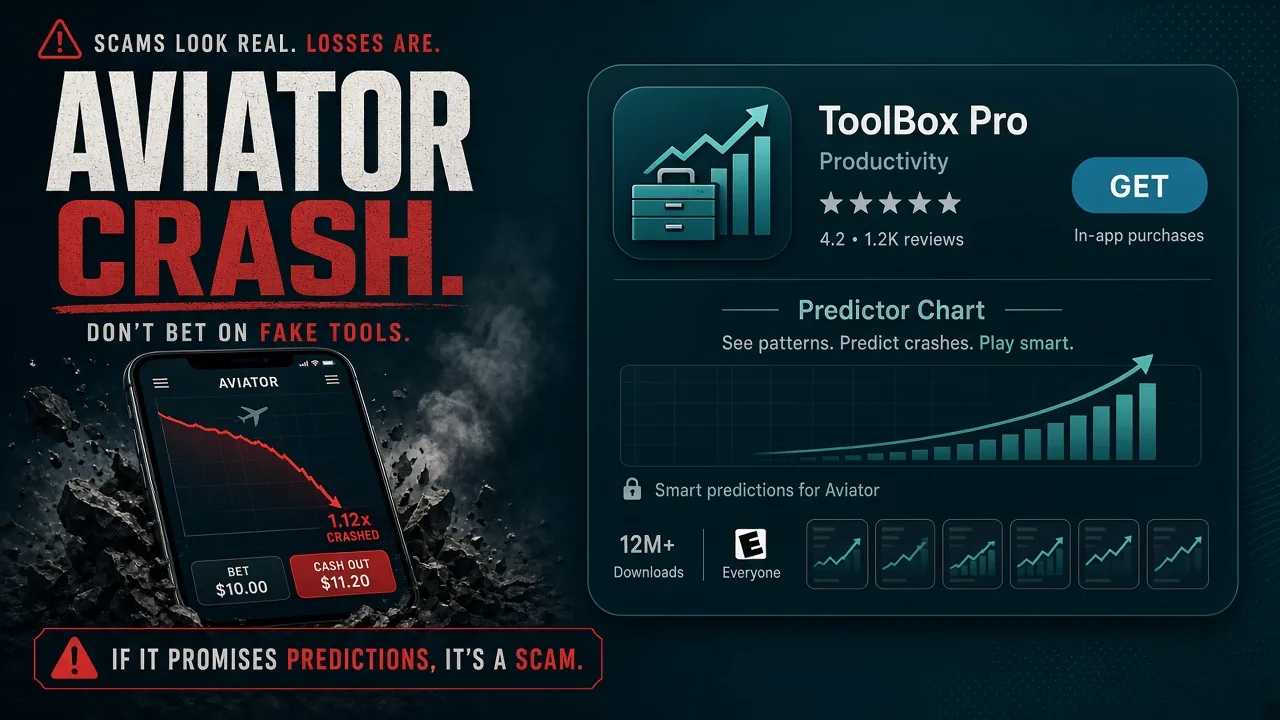 Aviator-Crashspiel neben einem Handy mit einer gefälschten Vorhersage-App im Gitbox-Stil — ein App-Name ist kein Leak