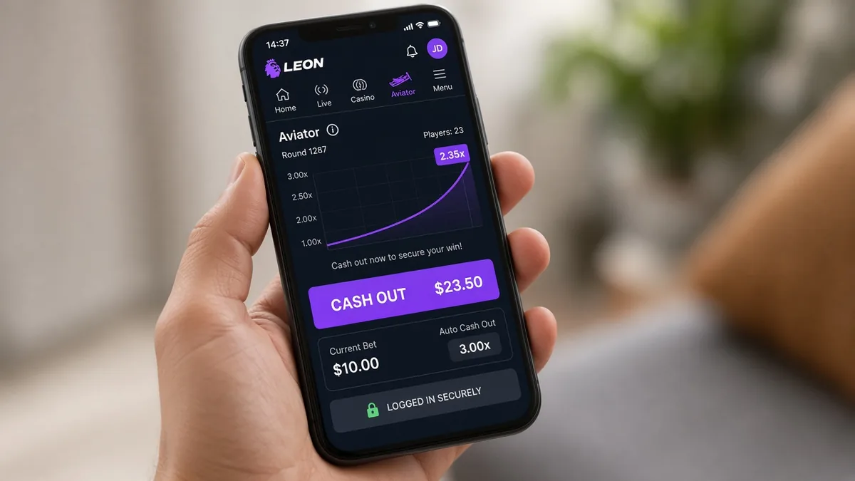 Cash Out während einer Aviator-Runde nach Leon-Marken-Login — gleiche Crash-Regeln, nur Operator-Wallet