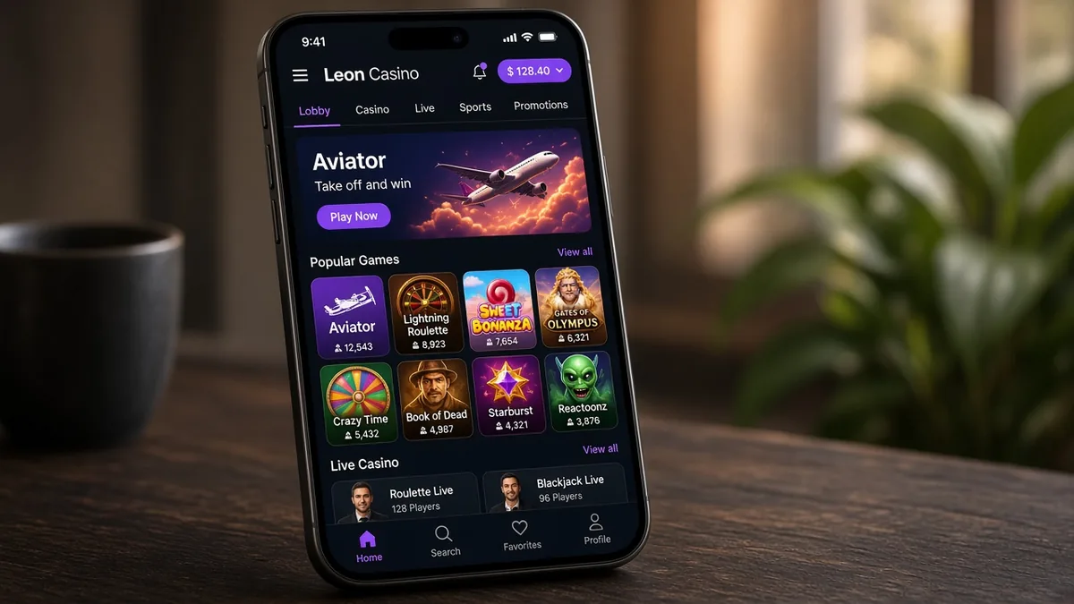 Telefon mit Casino-Lobby und Aviator-Crash-Kachel — Leon-Casino-Operator-Pfad, kein Predictor