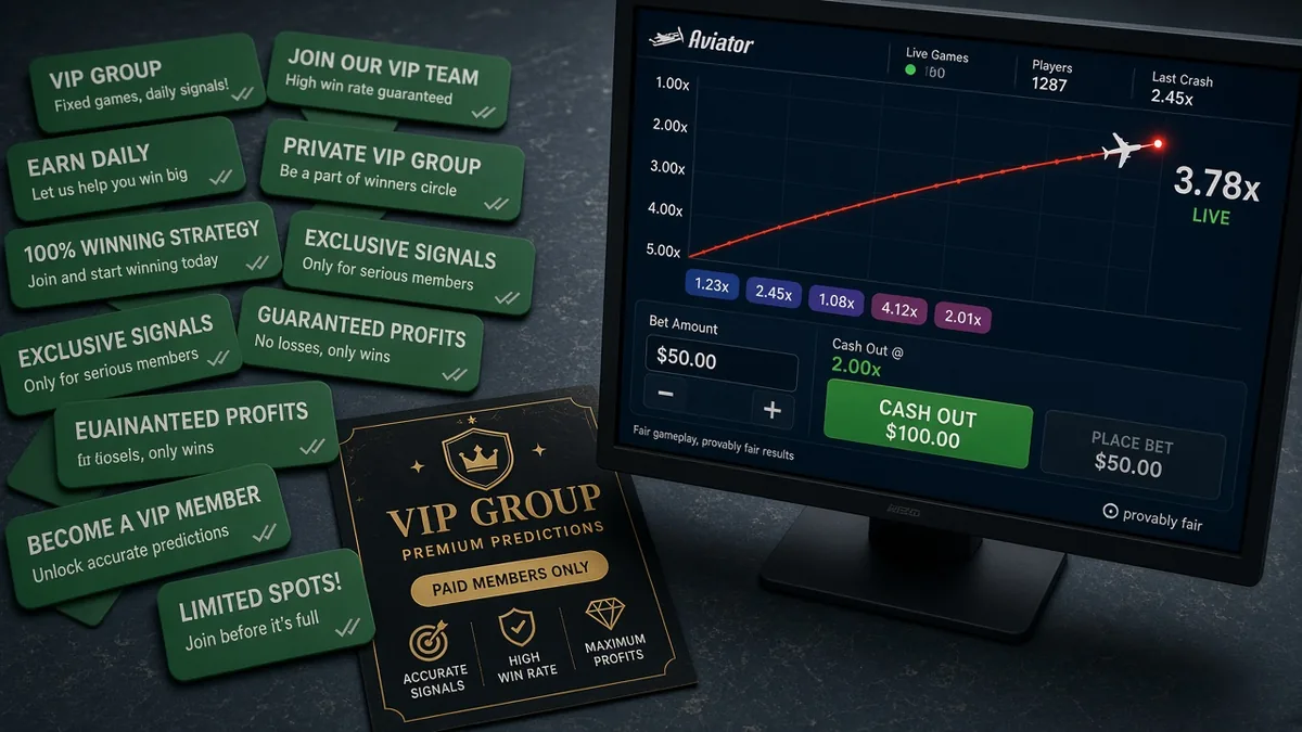 Gefälschte WhatsApp-VIP-Einladungen und Tipp-Bubbles gegenüber dem echten Aviator-Crashspiel auf einem Live-Casino-Bildschirm