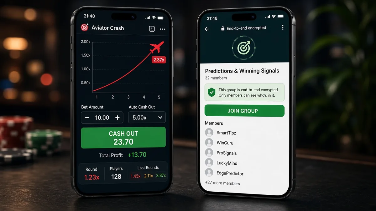 Aviator-Crashspiel neben einem Handy mit gefälschter WhatsApp-Prediction-Gruppeneinladung — ein Chat-Link ist kein Leck