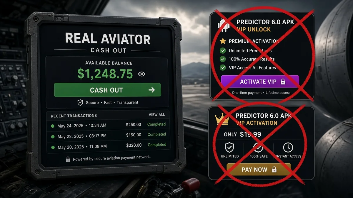 Gefälschtes Aviator-Predictor-6.0-APK-Unlock und VIP-Paywall gegenüber dem echten Aviator-Crashspiel auf einem Live-Casino-Bildschirm