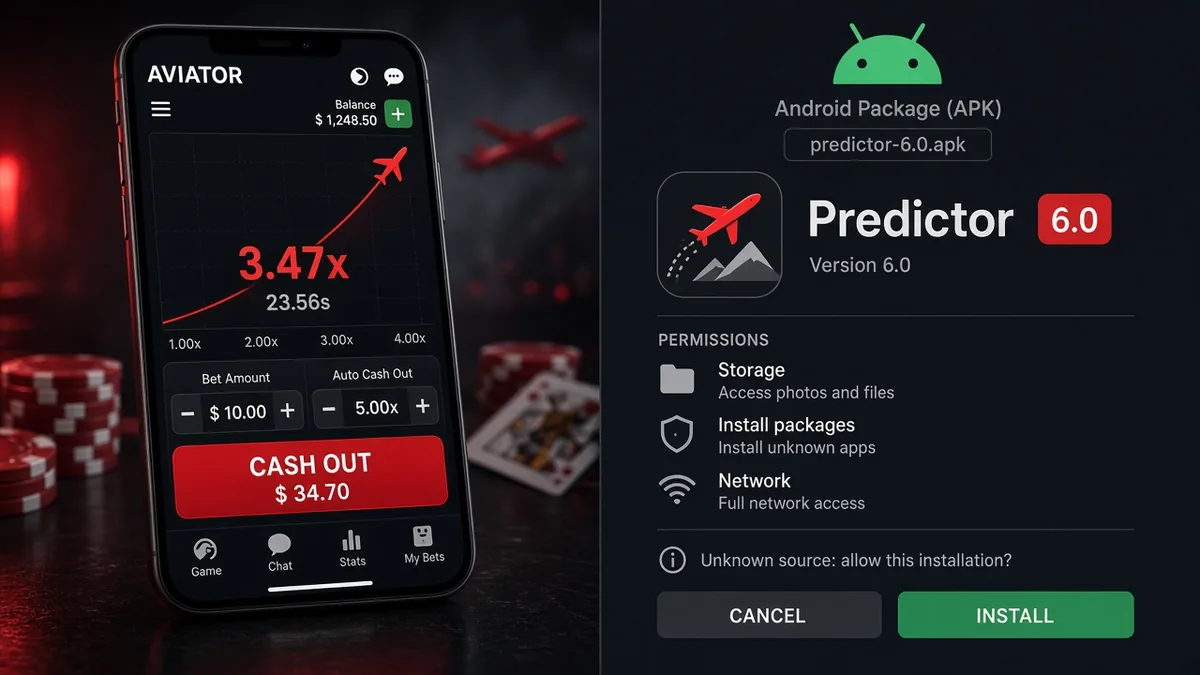 Aviator-Crashspiel neben einem gefälschten Predictor-6.0-APK-Downloadbildschirm — eine Versionsnummer ist kein Leak