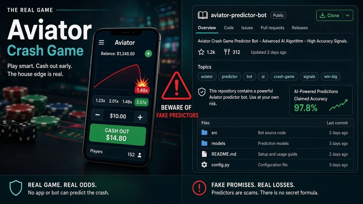 Aviator-Crashspiel neben einer gefälschten GitHub-Topics-Seite für einen Aviator Predictor Bot — ein Repo-Tag ist kein Leak