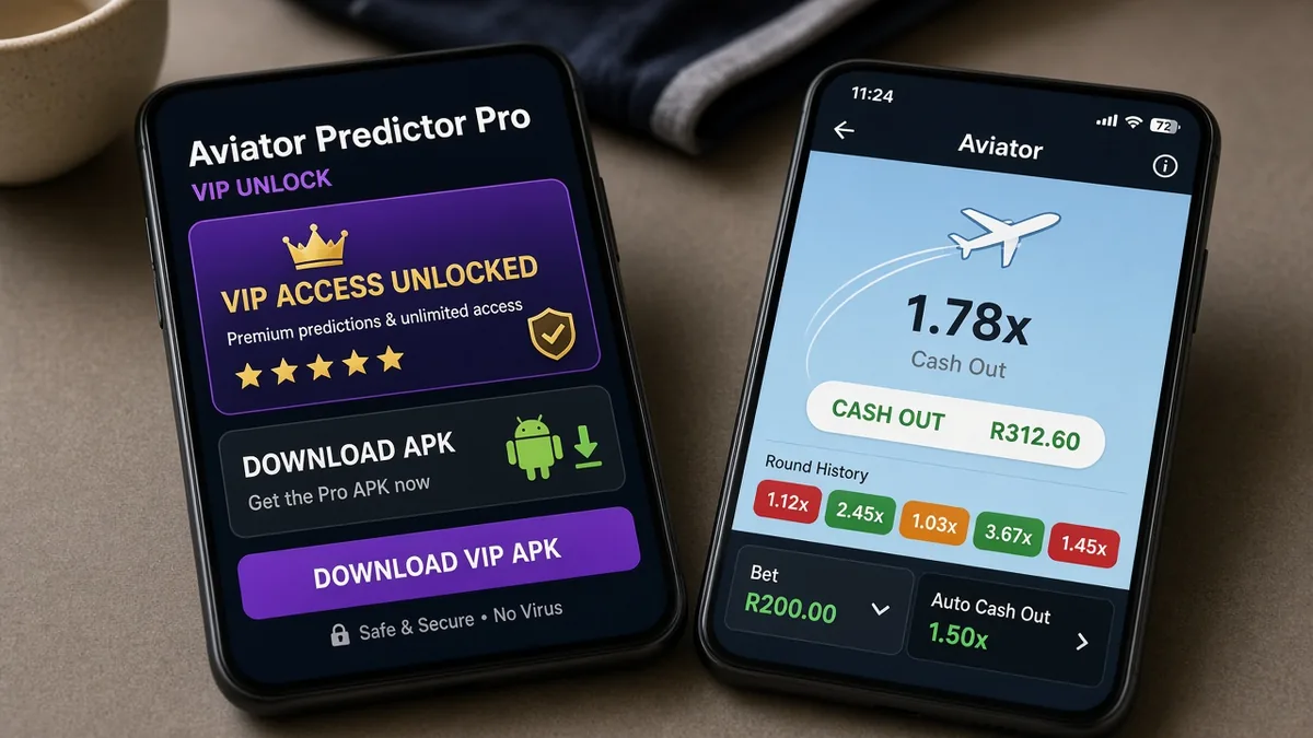 Falso desbloqueo VIP Predictor Pro V12.1.8 y tarjetas APK frente al juego crash Aviator real en una pantalla de casino en vivo