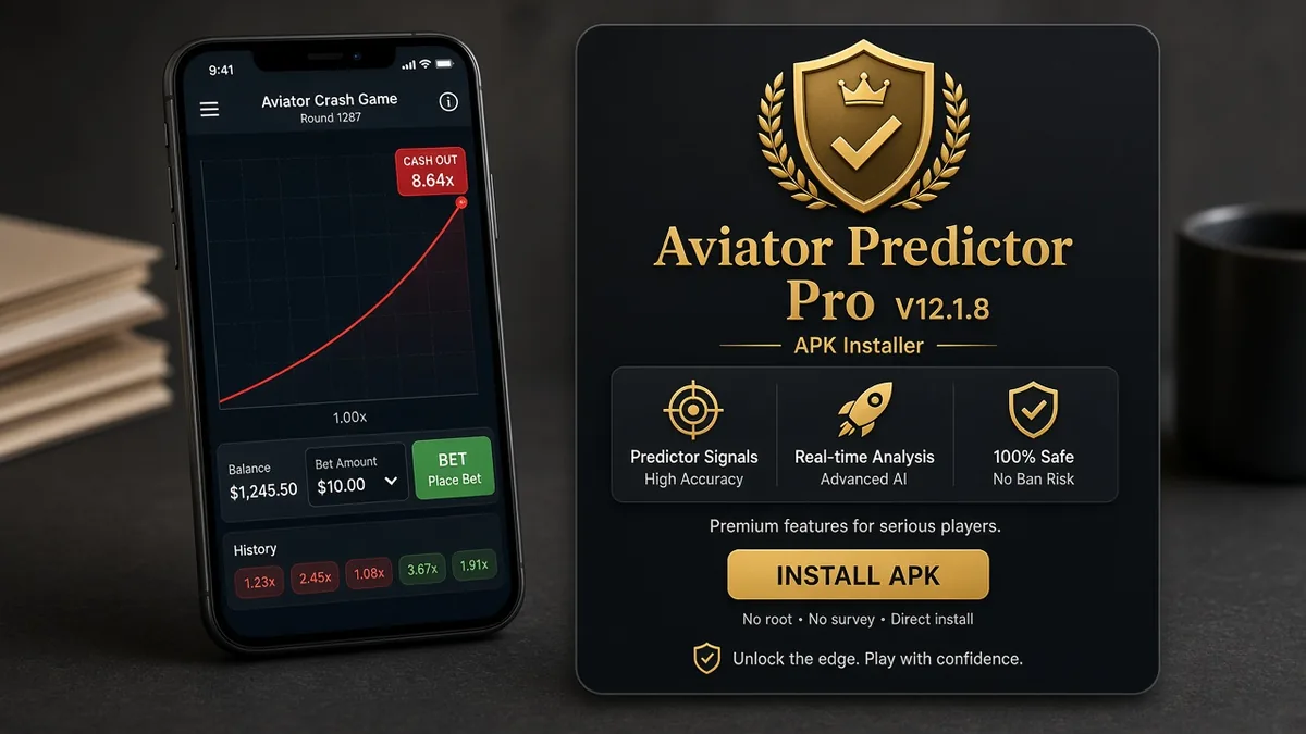 Juego crash Aviator junto a una falsa pantalla de instalación Predictor Pro V12.1.8 APK — el branding Pro no es un leak