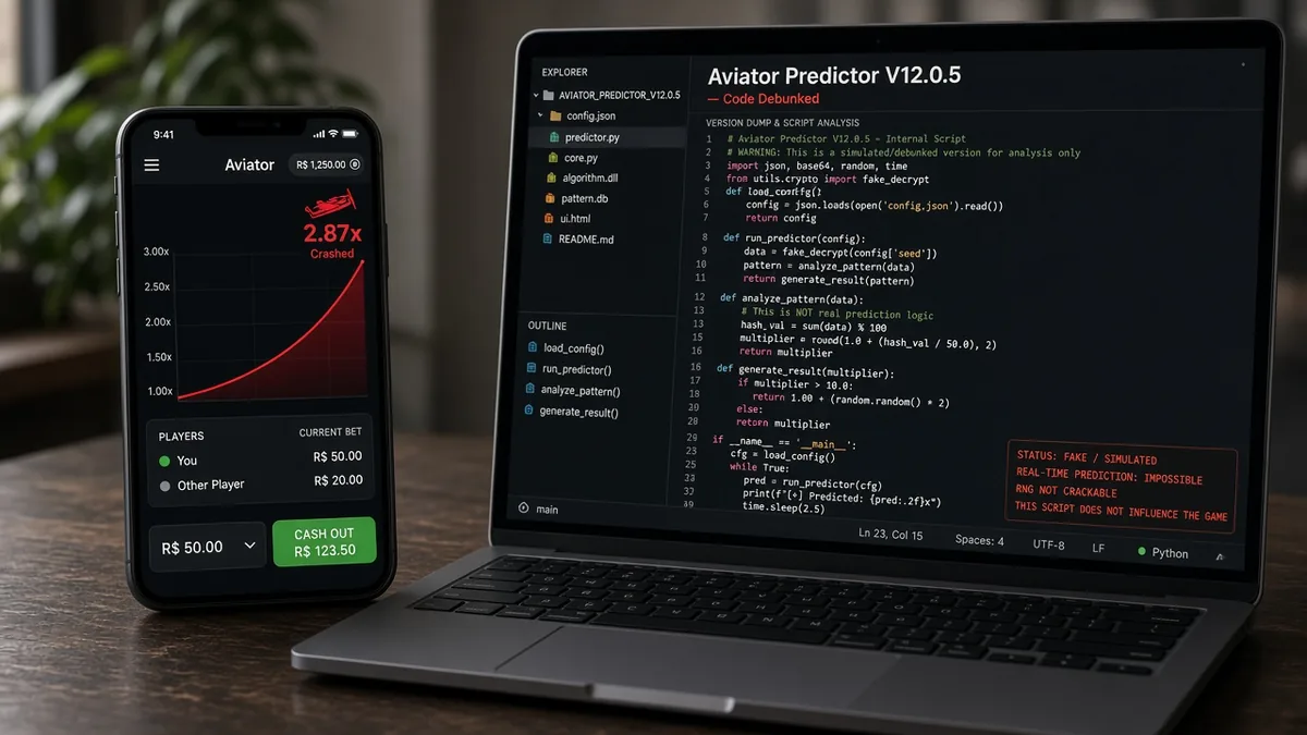 Aviator-Crashspiel neben einem gefälschten V12.0.5-Predictor-Skript / Code-Editor — ein versionierter Gist ist kein Leak