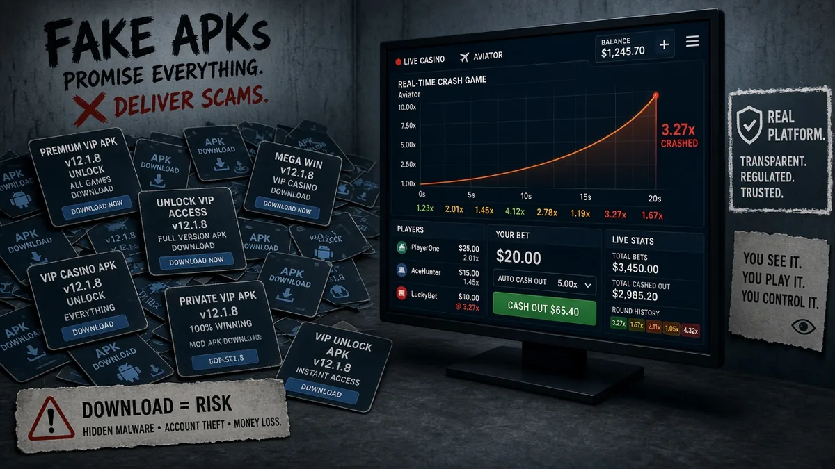 Fausses cartes de téléchargement Predictor V12.1.8 APK et un déblocage VIP face au vrai jeu crash Aviator sur un écran de casino en direct