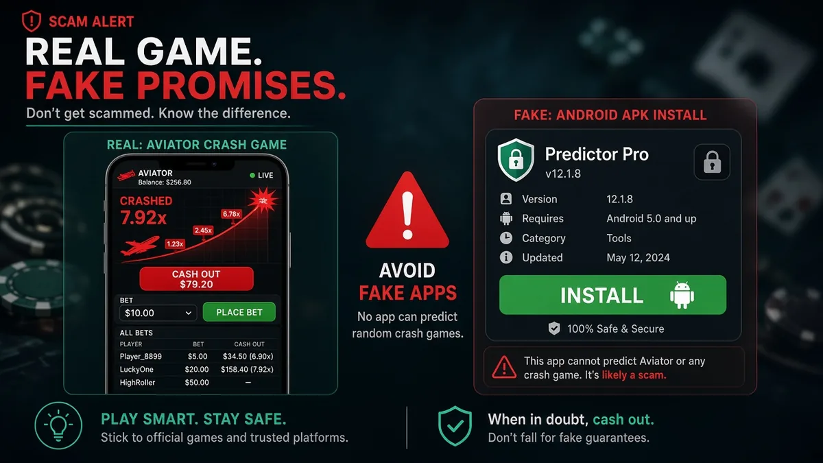 Jeu crash Aviator à côté d'un faux écran d'installation Predictor V12.1.8 APK — un téléchargement versionné n'est pas une fuite