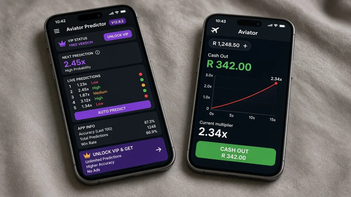 Gefälschtes Aviator-Predictor-V12.9.2-Dashboard und VIP-Freischaltung gegenüber dem echten Crashspiel auf einem Live-Casino-Bildschirm