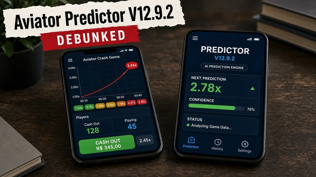 Aviator-Crashspiel neben einem gefälschten Predictor-V12.9.2-App-Splash — eine Versionsnummer ist kein Leak