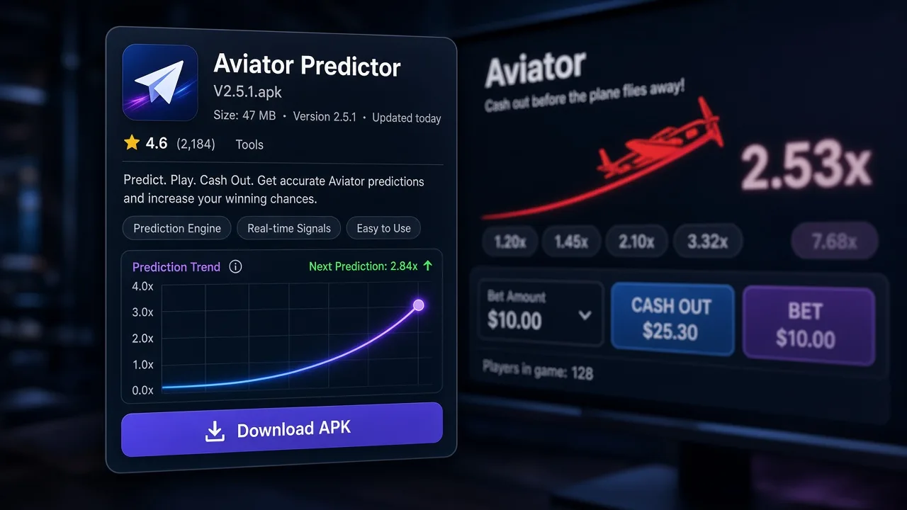 Gefälschte Aviator-Predictor-V2.5.1-Downloadkarte mit 47 MB gegenüber dem echten Crash-Spiel auf einem Live-Casino-Screen