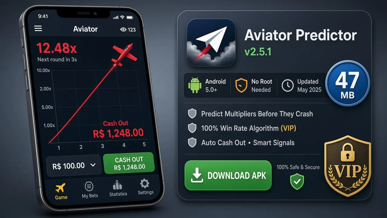 Aviator-Crashspiel neben einer gefälschten V2.5.1-APK-Karte mit 47 MB — Megabyte-Labels knacken den nächsten Crash nicht