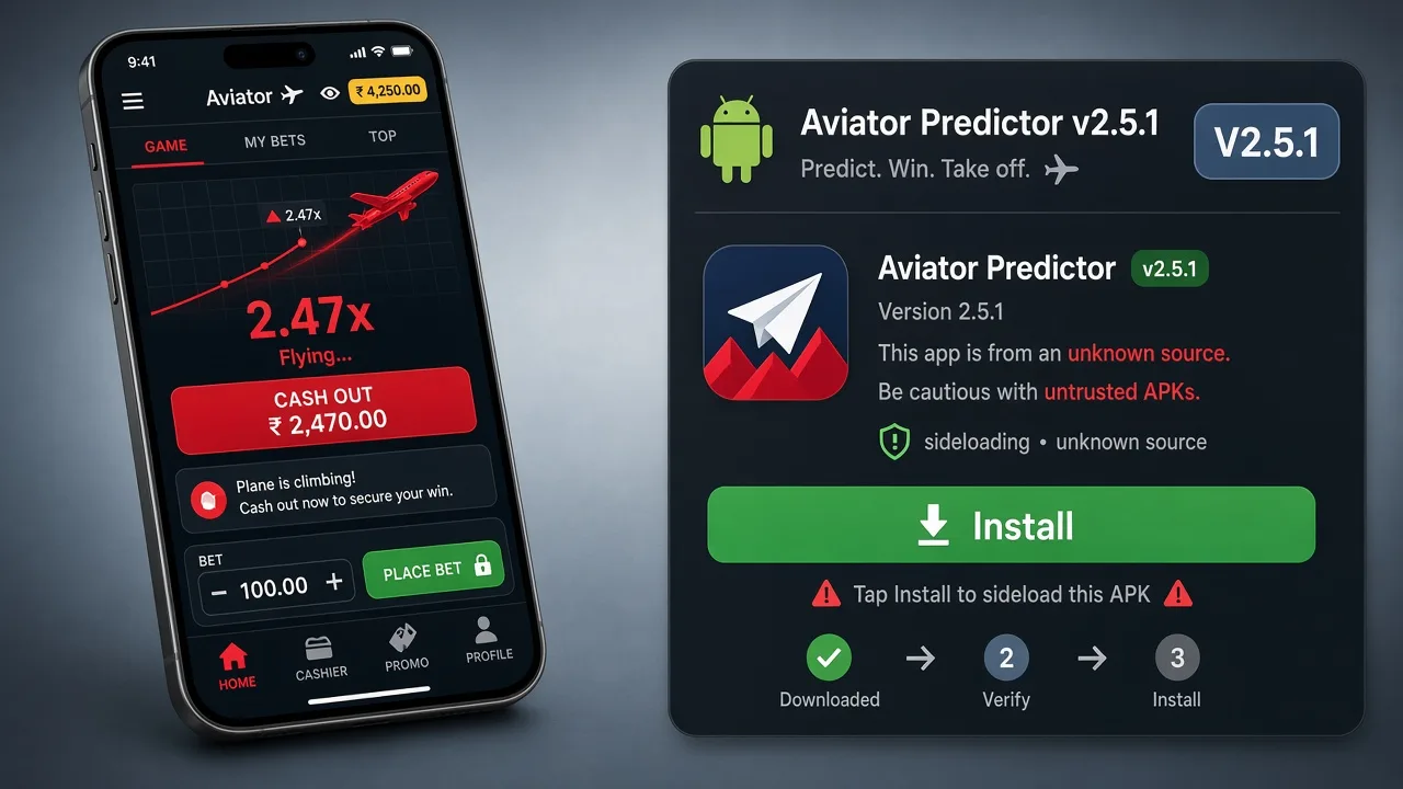 Aviator-Crashspiel neben einem gefälschten V2.5.1-APK-Installationsbildschirm — ein altes Versionslabel ist kein Leak