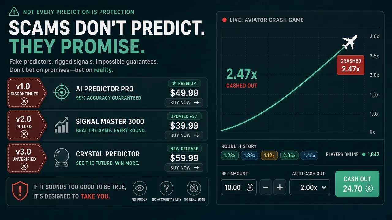 Gefälschtes Aviator-Predictor-V7.0-Dashboard und VIP-Freischaltung gegenüber dem echten Crashspiel auf einem Live-Casino-Bildschirm