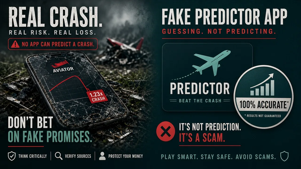 Aviator-Crashspiel neben einem gefälschten Predictor-V7.0-App-Splash — eine Versionsnummer ist kein Leak