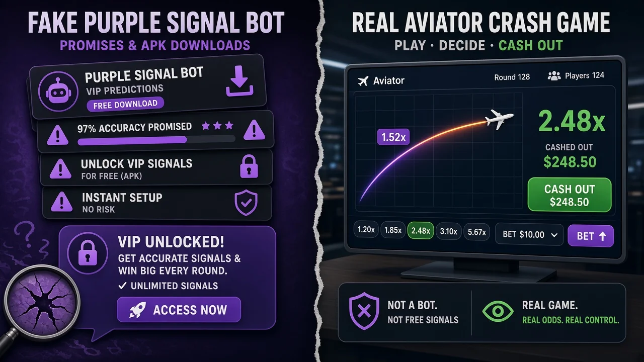 Soxta Purple Signal Bot APK yuklash kartalari va VIP chat qarshisida haqiqiy crash kazino ekrani
