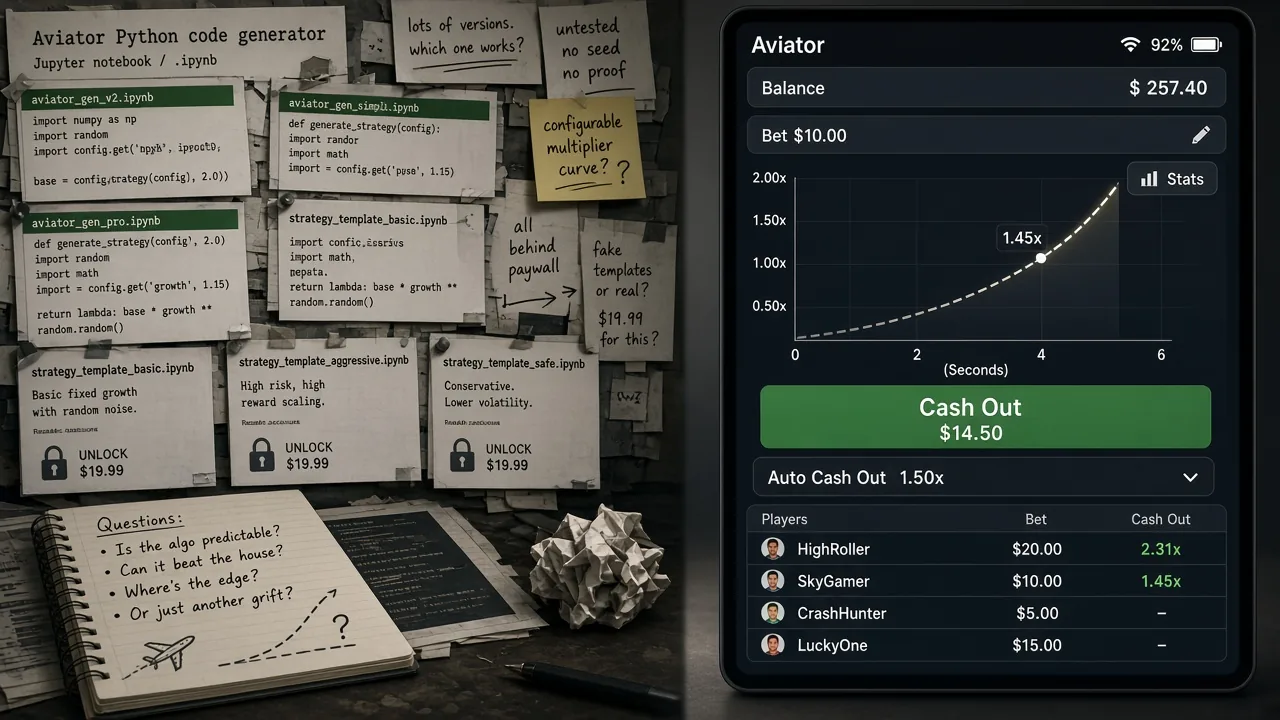 Soxta Aviator Python code-generator notebooklari va toʻlov devori — jonli kazino ekranidagi haqiqiy crash oʻyini