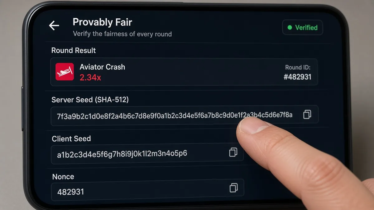 Finger zeigt auf Provably-Fair-Seed- und SHA-512-Hash-Felder in einem Aviator-Client — nach der Runde verifizieren