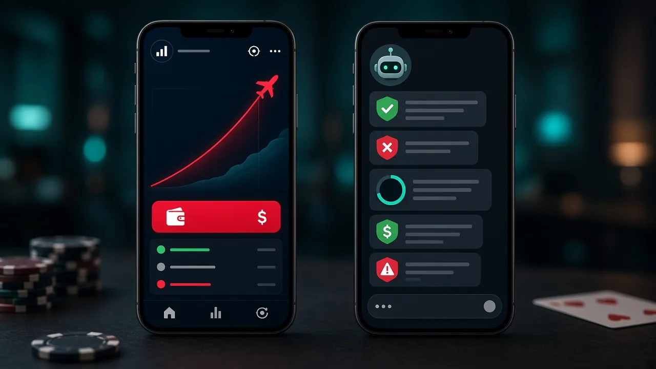 Aviator-Crashspiel neben einem Handy mit einem gefälschten Signal-Bot und Tip-Badges — ein Bot ist kein Leak