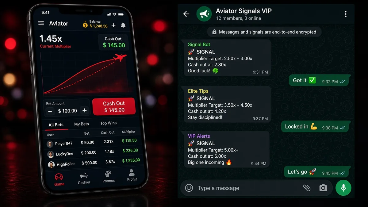 Aviator-Crashspiel neben einem Handy mit gefälschten WhatsApp-Signal-Alerts — ein Ping ist kein Leck