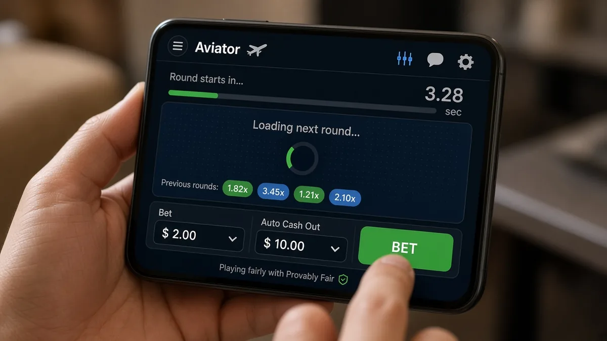 Phone-Aviator-UI in der Pause zwischen Runden mit bereitem Bet-Panel — Stage Time Out als Betting-Fenster
