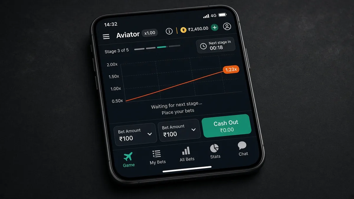 Aviator-Client mit kurzer Wartezeit zwischen den Runden vor dem nächsten Flug — Stage Time Out als UI-Timing, kein Predictor