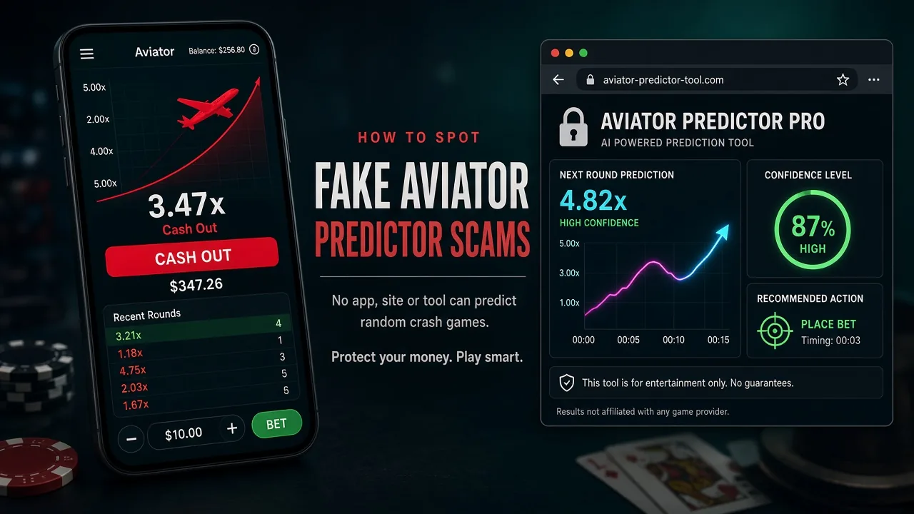 Aviator-Crashspiel neben einem gefälschten Tweakzen.com-Predictor-Dashboard — eine Near-Name-Website ist kein Leak
