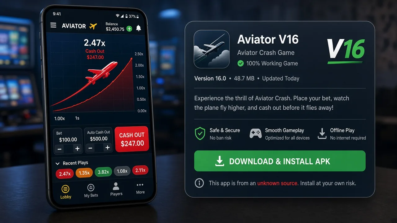 Echtes Aviator-Crash-Spiel neben einer Fake-Install-Karte Aviator V16 APK — ein versioniertes Spiel-APK ist nicht Spribes Lobby-Titel