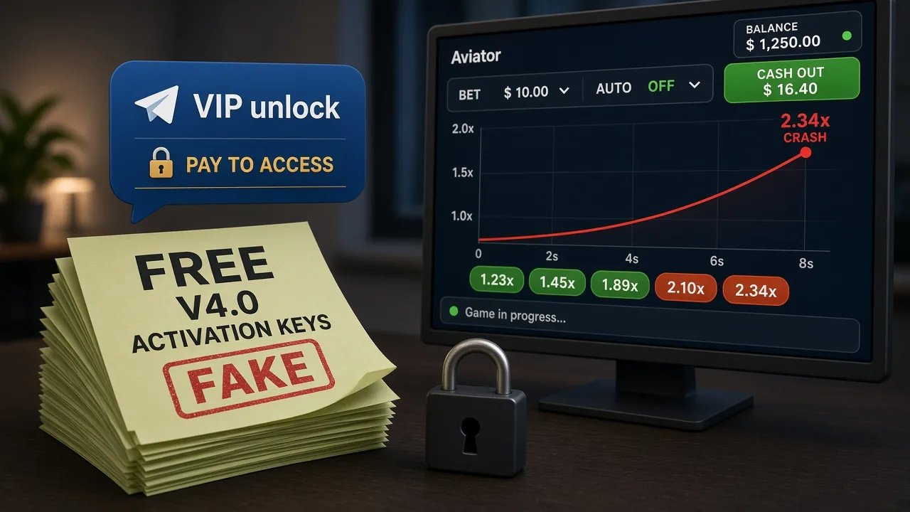 Fake free Aviator Predictor V4.0 licence keys and a paywall chat versus the real crash game on a live casino screen