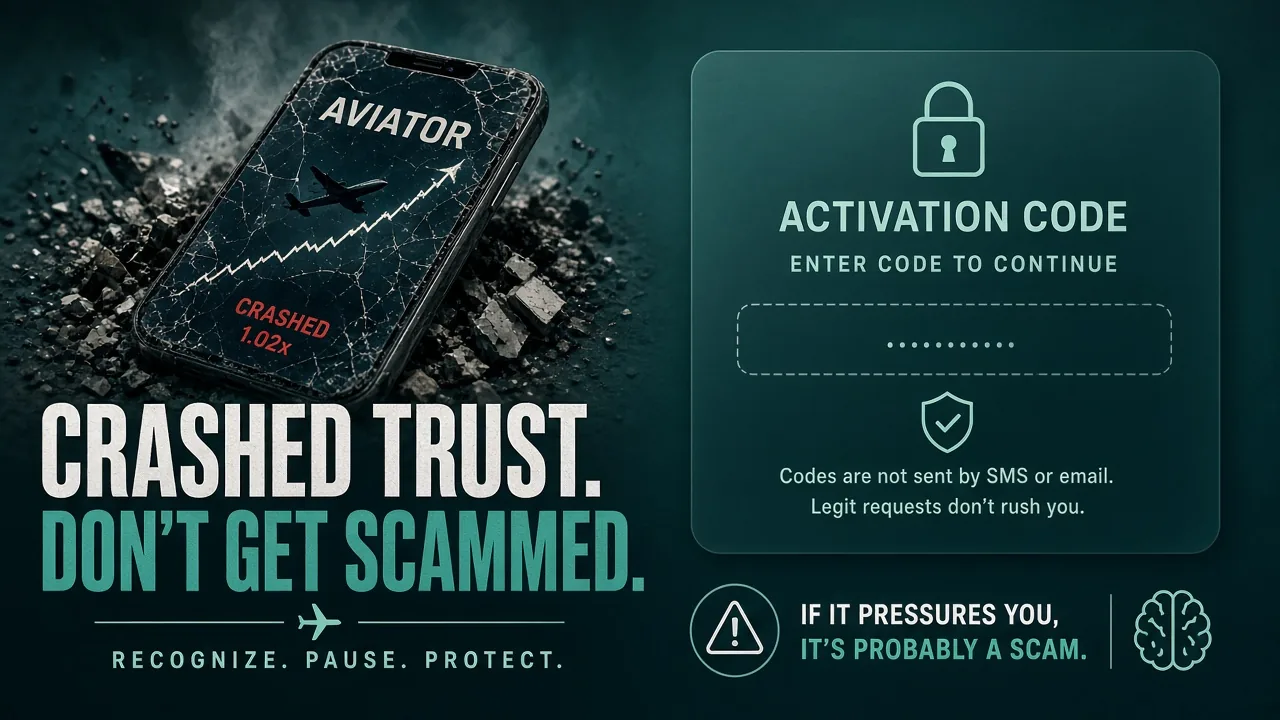 Aviator-Crashspiel neben einem Fake-Predictor-V6.0-Sperrbildschirm mit Aktivierungscode-Feld