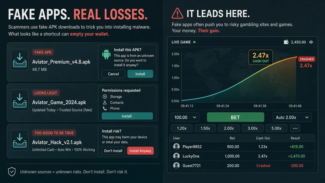 Gefälschte Aviator-Predictor-V7.0-APK-Freischaltung und VIP-Paywall gegenüber dem echten Crashspiel auf einem Live-Casino-Bildschirm