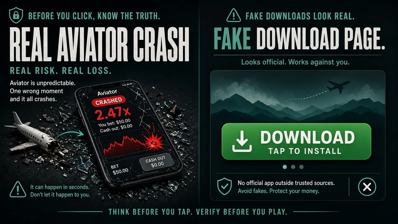 Aviator-Crashspiel neben einem gefälschten Predictor-V7.0-Download-Bildschirm — eine versionierte Datei ist kein Leak