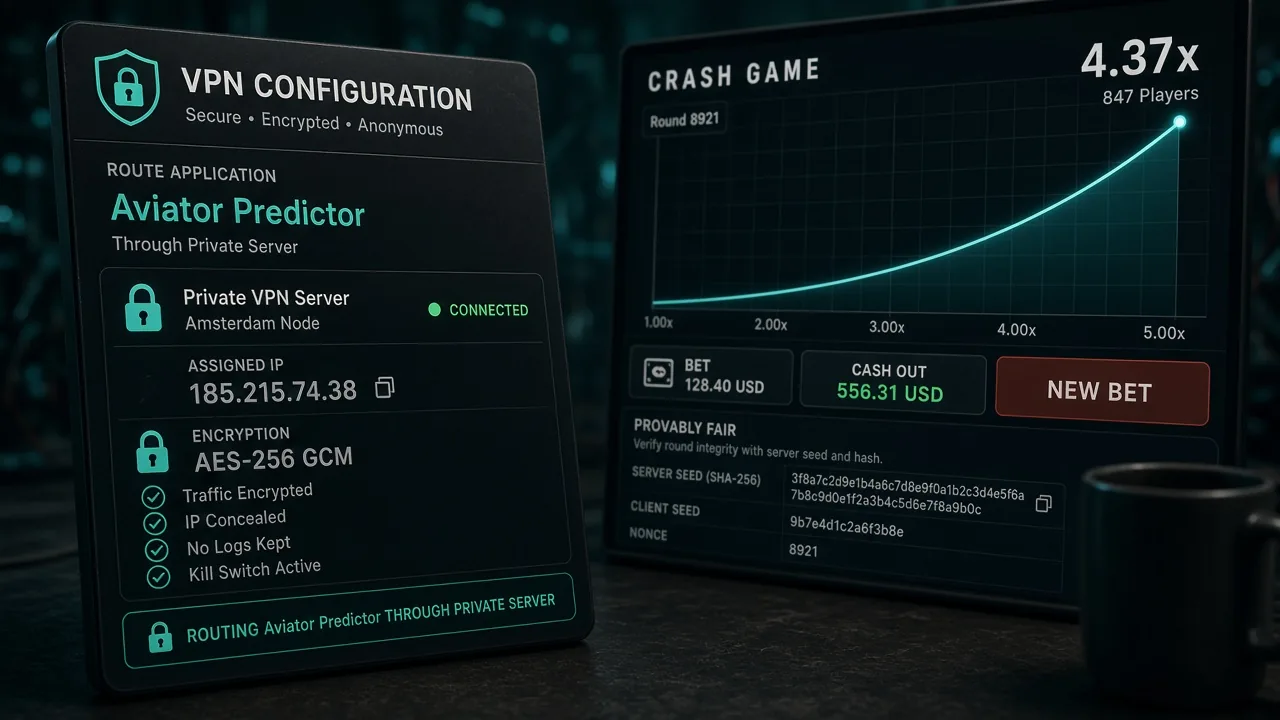 Fake Aviator Predictor VPN config panel versus the real crash multiplier on a live casino screen