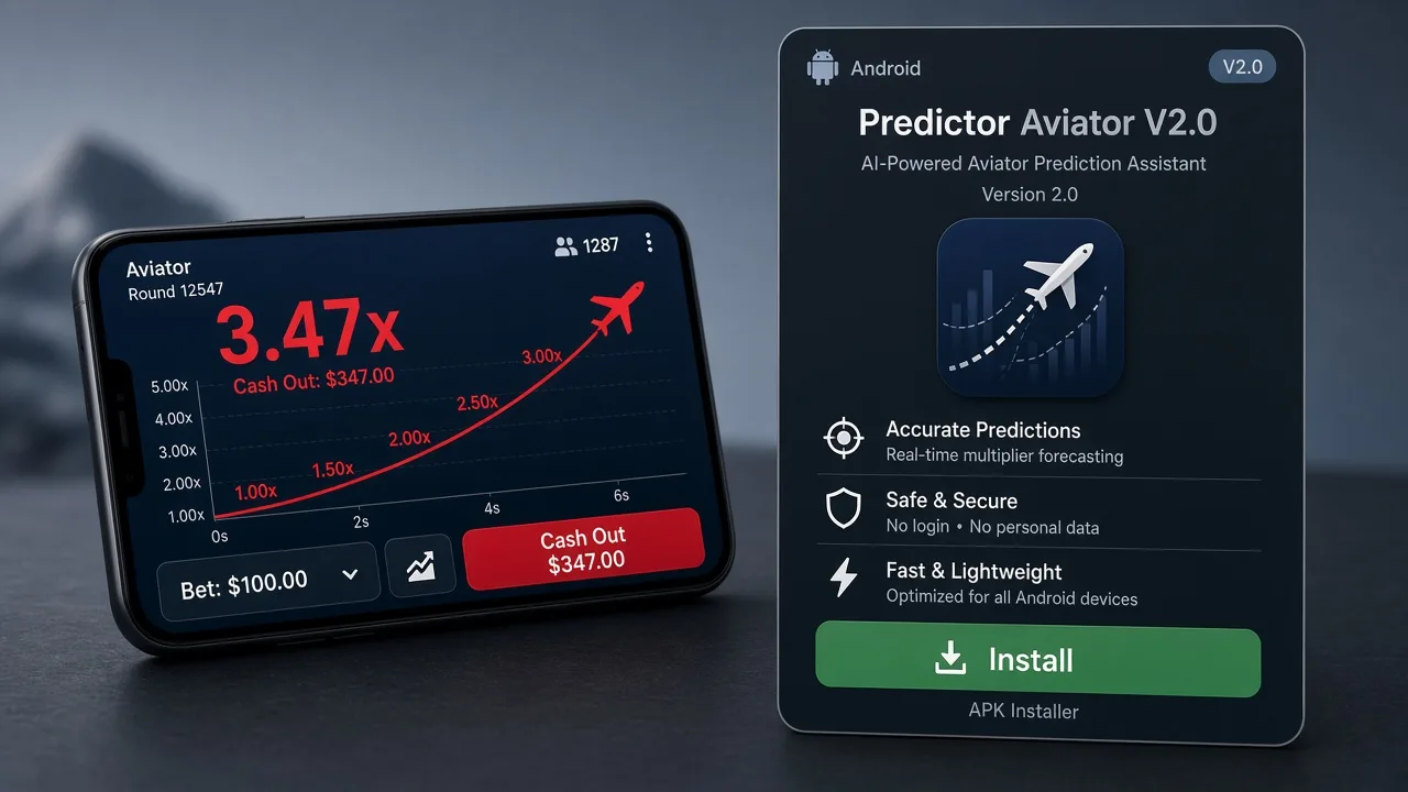 Aviator-Crashspiel neben einem gefälschten Predictor-Aviator-V2.0-APK-Installationsbildschirm — ein umgestellter Titel ist kein Leak