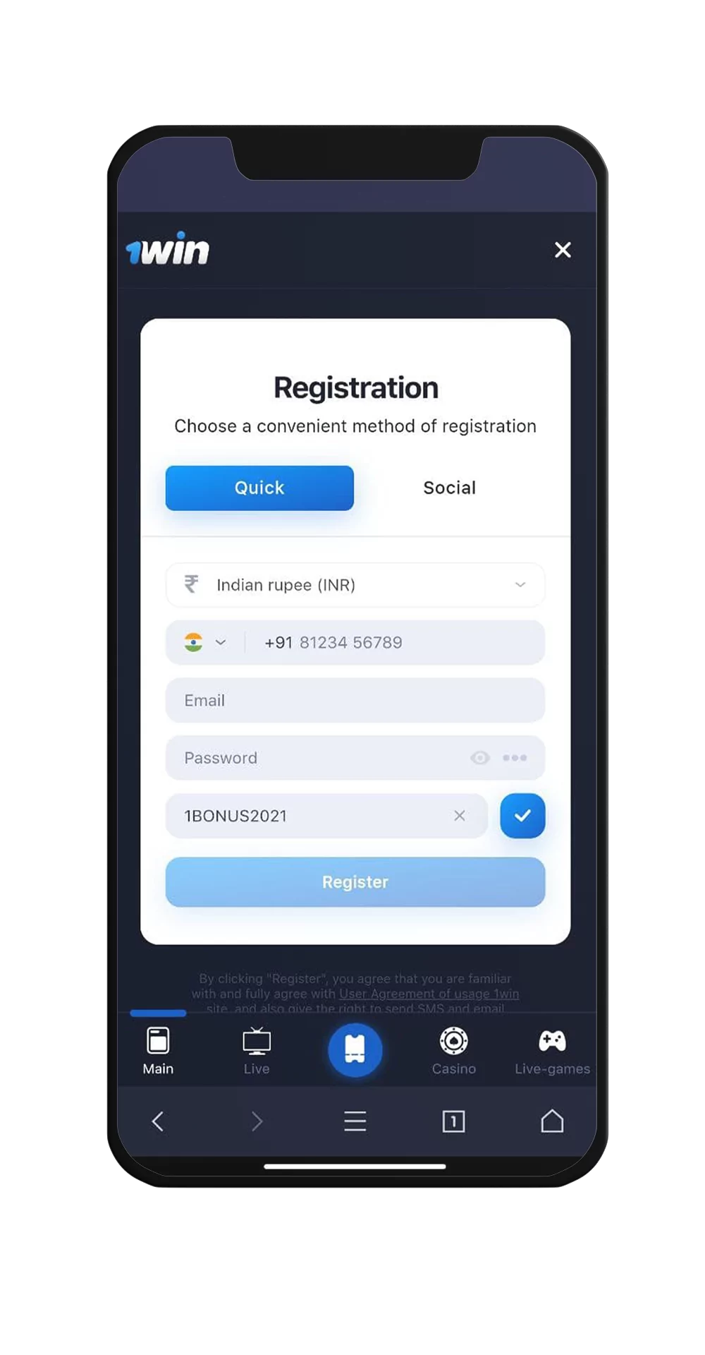 1win registration screen