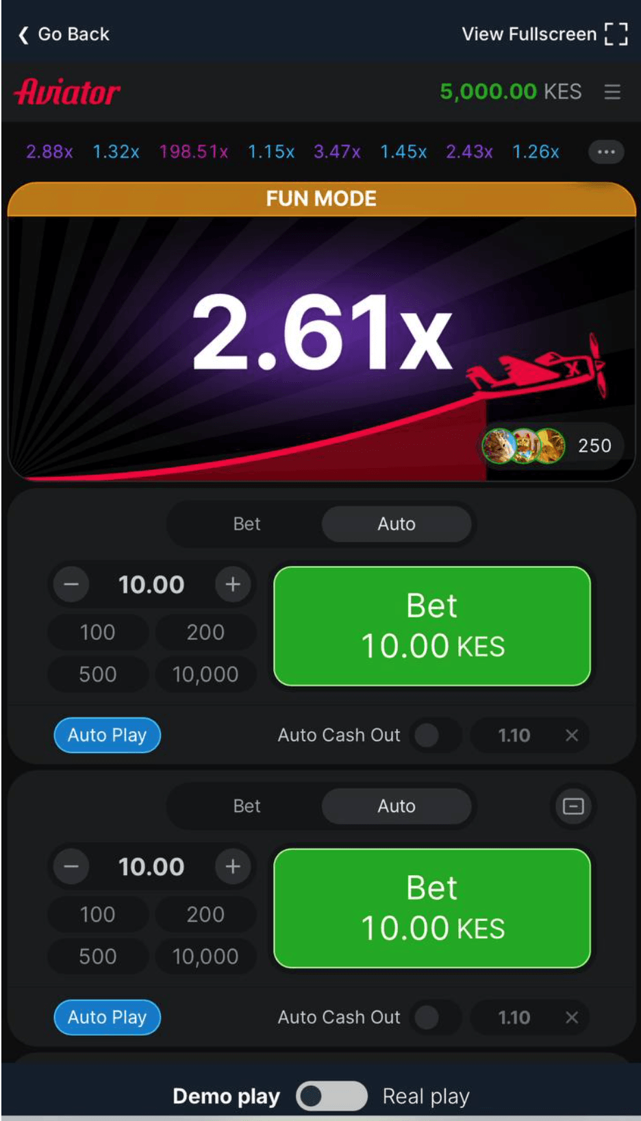 Betika Aviator gameplay controls