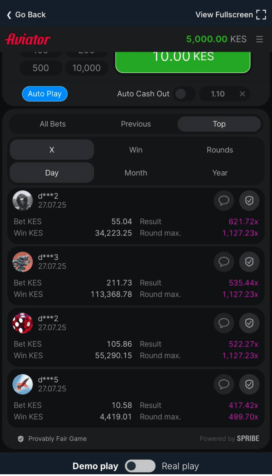 Betika Aviator demo and real modes